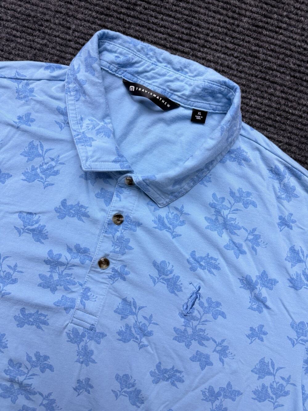Travis Mathew Polo Shirt Men XL Blue Palm Tree Print Short Sleeve Golf Tee